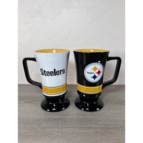 Set of 2 Pittsburg Steelers Tall Pedestal Ceramic Stemmed Coffee Mug Tea Cup NFL - Picture 1 of 4